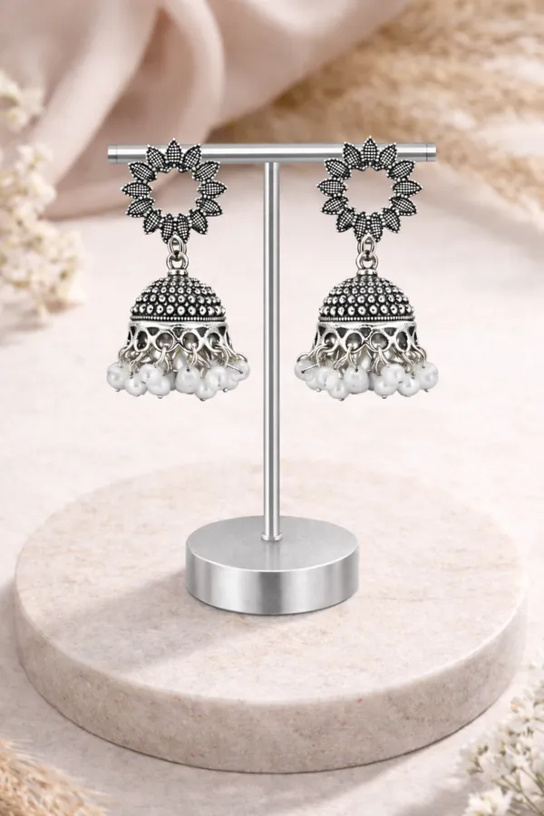 Floral_Bloom_Oxidised_Silver_Jhumkas_With_Pearl_Drops
