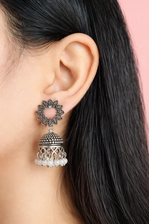 Floral_Bloom_Oxidised_Silver_Jhumkas_With_Pearl_Drops
