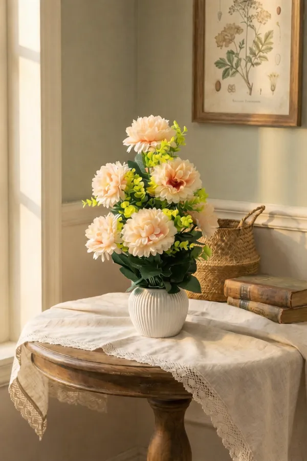 Premium_Faux_Peach_Dahlia_Arrangement_In_Ribbed_Vase