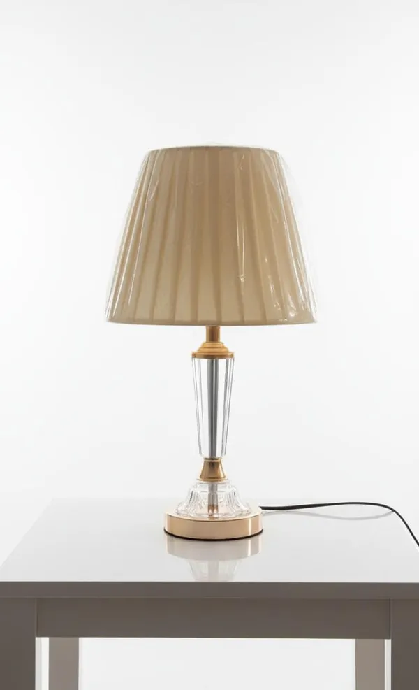 Elegant_Crystal_Stem_Table_Lamp_With_Pleated_Beige_Shade_Modern_Bedside_Light