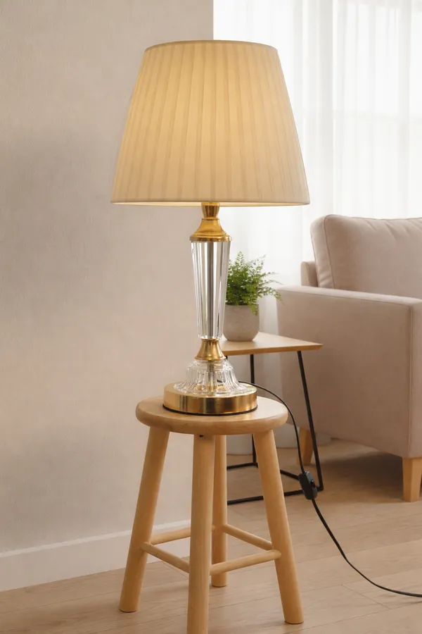 Elegant_Crystal_Stem_Table_Lamp_With_Pleated_Beige_Shade_Modern_Bedside_Light