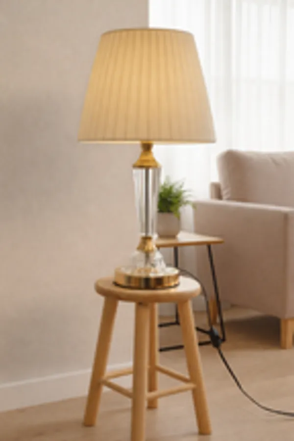 Elegant_Crystal_Stem_Table_Lamp_With_Pleated_Beige_Shade_Modern_Bedside_Light