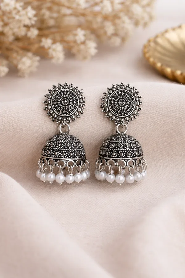 Mandala_Sunburst_Oxidised_Jhumkas_With_White_Beads