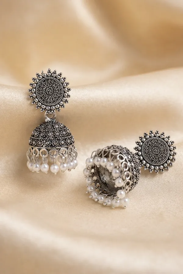 Mandala_Sunburst_Oxidised_Jhumkas_With_White_Beads