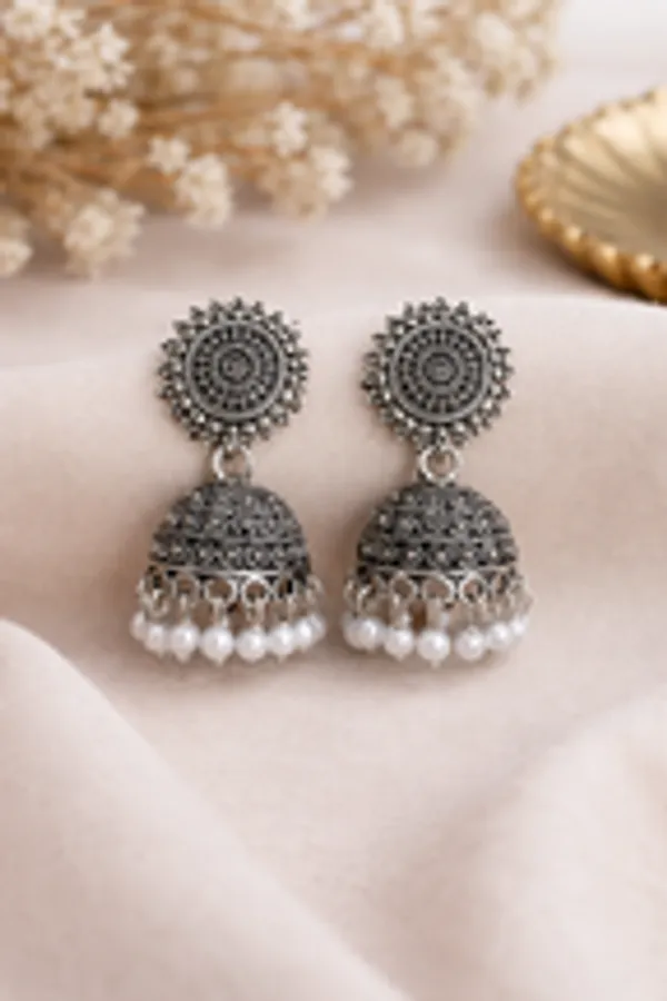 Mandala_Sunburst_Oxidised_Jhumkas_With_White_Beads