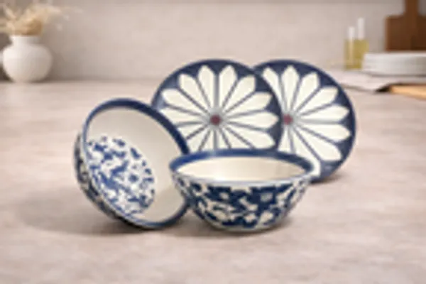 Indigo_Floral_Petal_4_Piece_Ceramic_Bowl_And_Plate_Set