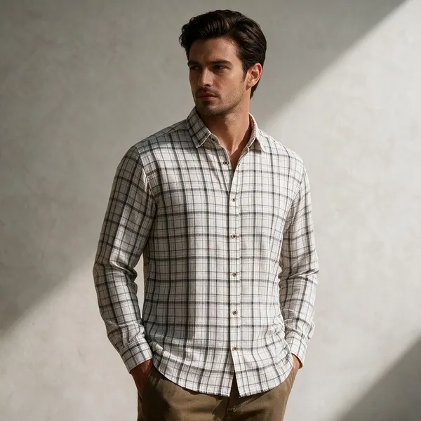 White_Cotton_Blend_Checkered_Shirt_For_Men