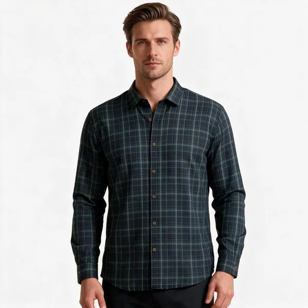 Navy_Green_Cotton_Blend_Check_Shirt_For_Men