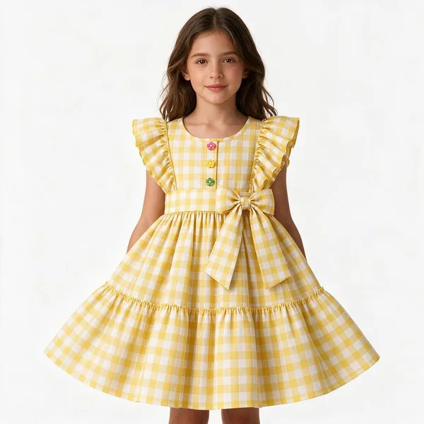 Yellow_Cotton_Gingham_Ruffle_Sleeve_Frock_For_Girls