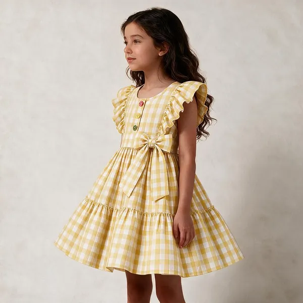 Yellow_Cotton_Gingham_Ruffle_Sleeve_Frock_For_Girls