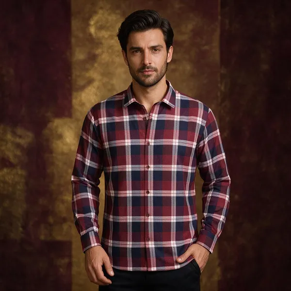 Maroon_Navy_Cotton_Blend_Plaid_Shirt_For_Men