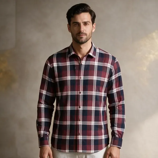 Maroon_Navy_Cotton_Blend_Plaid_Shirt_For_Men