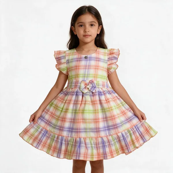Multicolor_Cotton_Plaid_Flutter_Sleeve_Frock_For_Girls