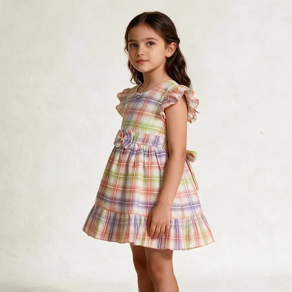 Multicolor_Cotton_Plaid_Flutter_Sleeve_Frock_For_Girls
