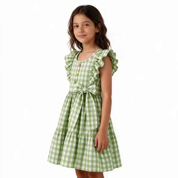 Green_Cotton_Gingham_Ruffle_Sleeve_Frock_For_Girls