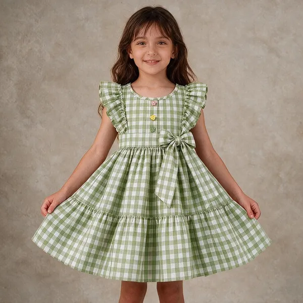 Green_Cotton_Gingham_Ruffle_Sleeve_Frock_For_Girls