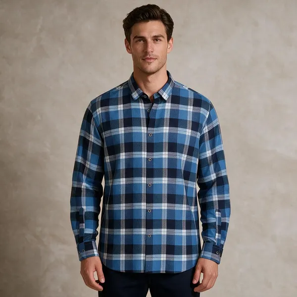 Blue_Cotton_Blend_Plaid_Shirt_For_Men