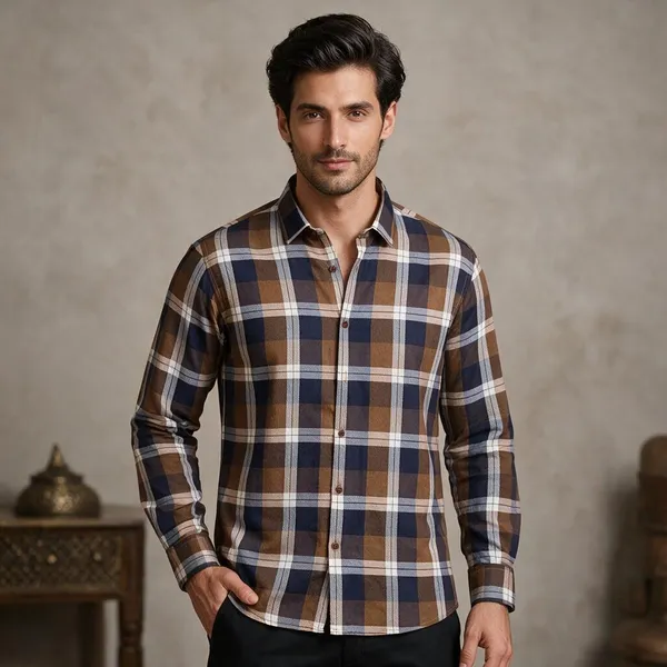 Brown_Navy_Cotton_Blend_Check_Shirt_For_Men