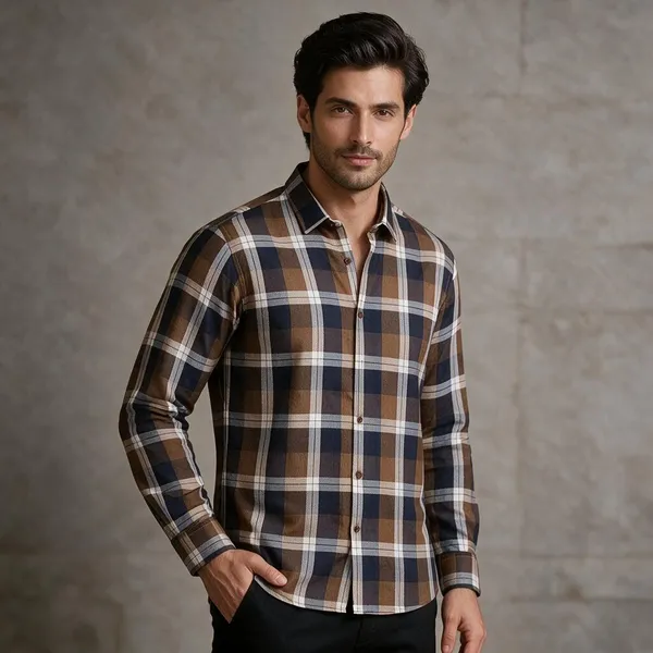 Brown_Navy_Cotton_Blend_Check_Shirt_For_Men