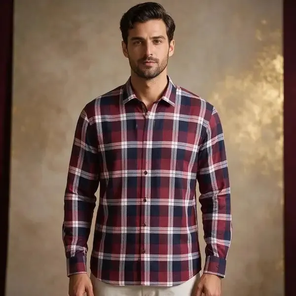 Maroon_Navy_Cotton_Blend_Plaid_Shirt_For_Men