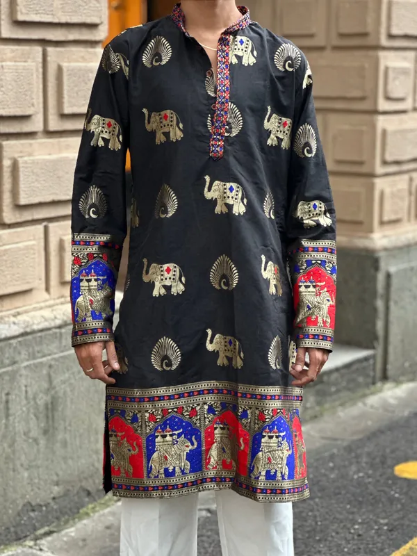 Morr_Htahi_Tevis_Vibrant_Trndy_Jacquard_Premium_Kurta_Black_Cottan_Silk