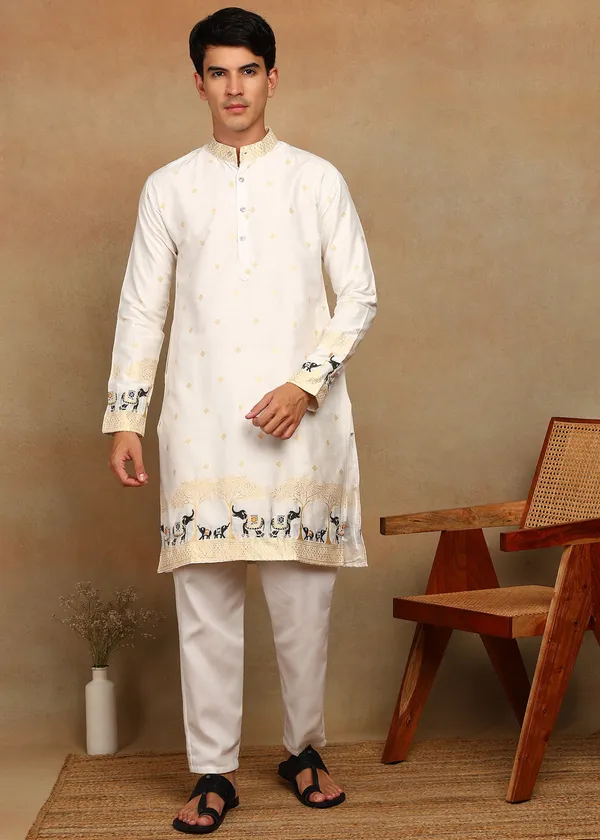 O_Zo_Hathi_Designer_Jacquard_Kurta_White