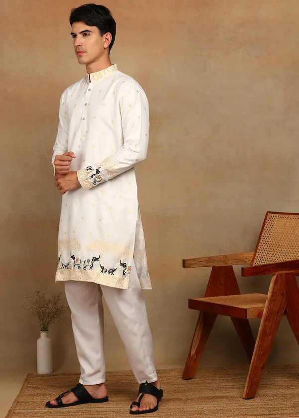 O_Zo_Hathi_Designer_Jacquard_Kurta_White
