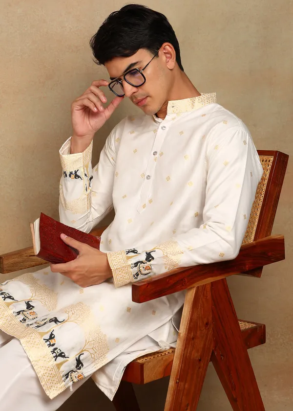 O_Zo_Hathi_Designer_Jacquard_Kurta_White