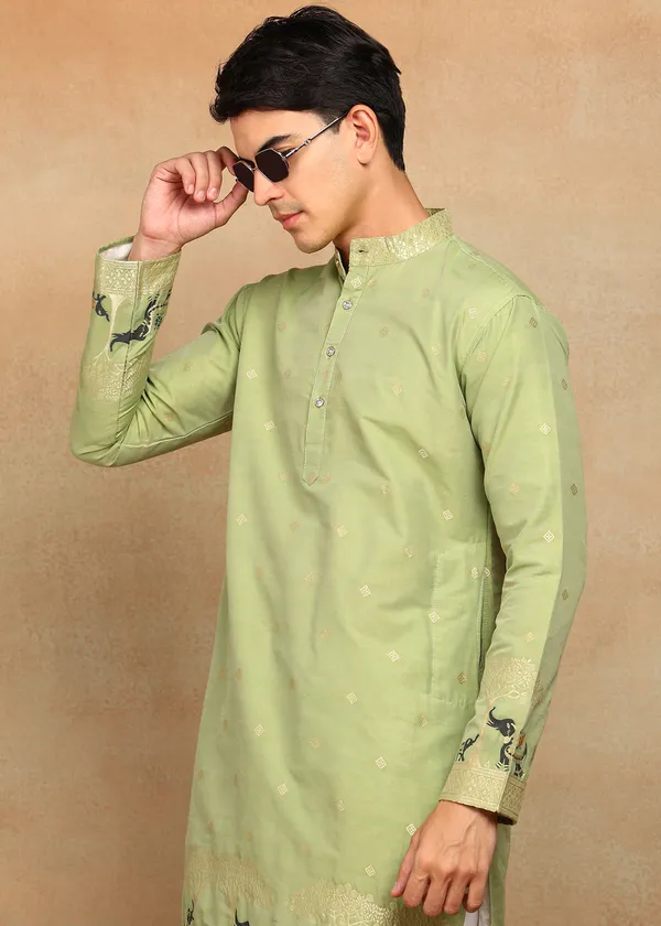 O_Zo_Hathi_Designer_Jacquard_Kurta_Mehndi