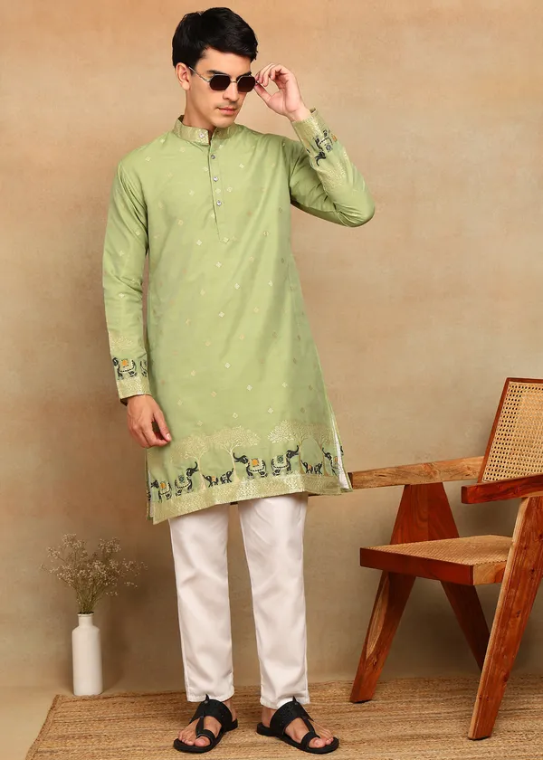 O_Zo_Hathi_Designer_Jacquard_Kurta_Mehndi