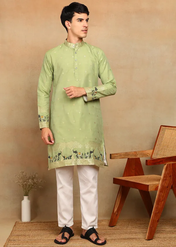 O_Zo_Hathi_Designer_Jacquard_Kurta_Mehndi