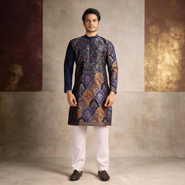 Midnight_Regal_Brocade_Heritage_Kurta_Navy