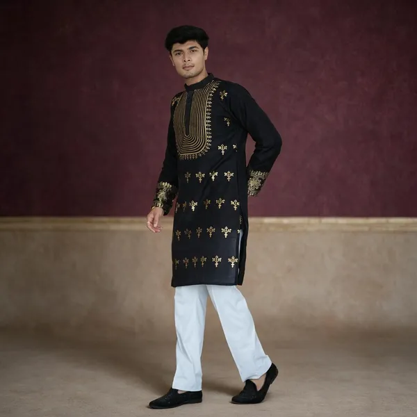 U_King_Ranvver_Neck_Jacquard_Kurta_Black_Cottan