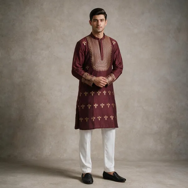 U_King_Ranvver_Neck_Jacquard_Kurta_Wine_Cottan