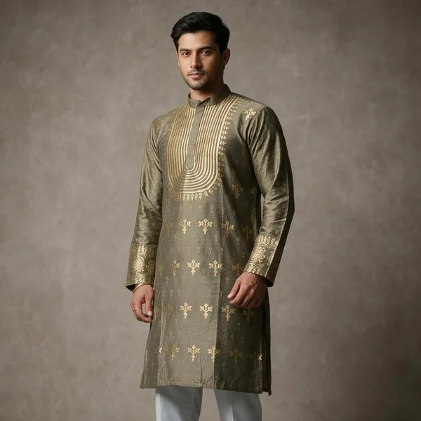 U_King_Ranvver_Neck_Jacquard_Kurta_Beige_Cottan
