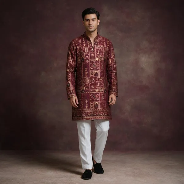 Vijay_Celebrity_Heritage_Jacquard_Kurta_Wine