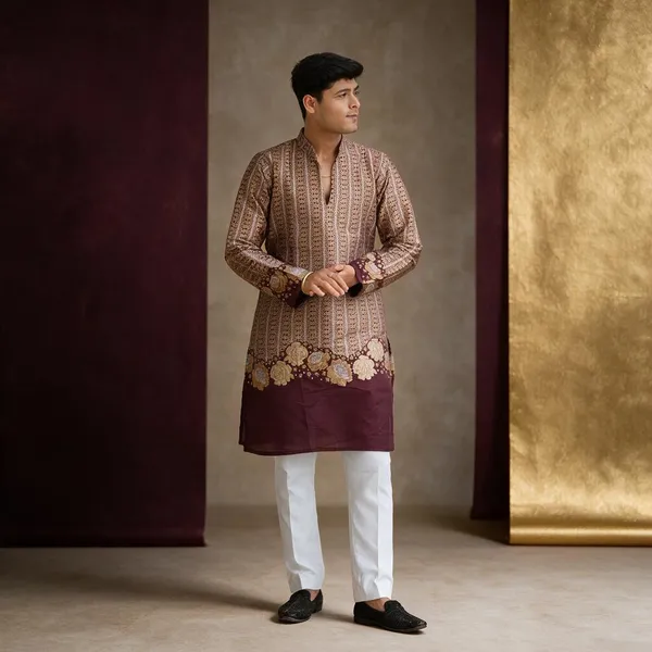 V_Rose_Multi_Jacquard_Kurta_Wine