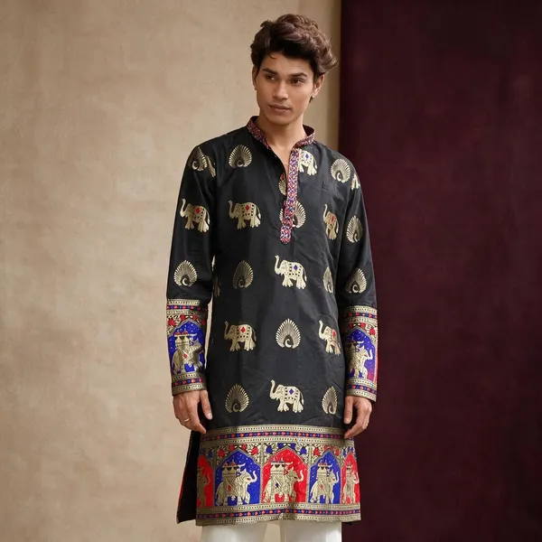 Morr_Htahi_Tevis_Vibrant_Trndy_Jacquard_Premium_Kurta_Black_Cottan
