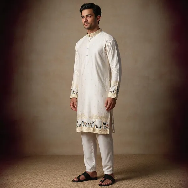 O_Zo_Hathi_Designer_Jacquard_Kurta_White