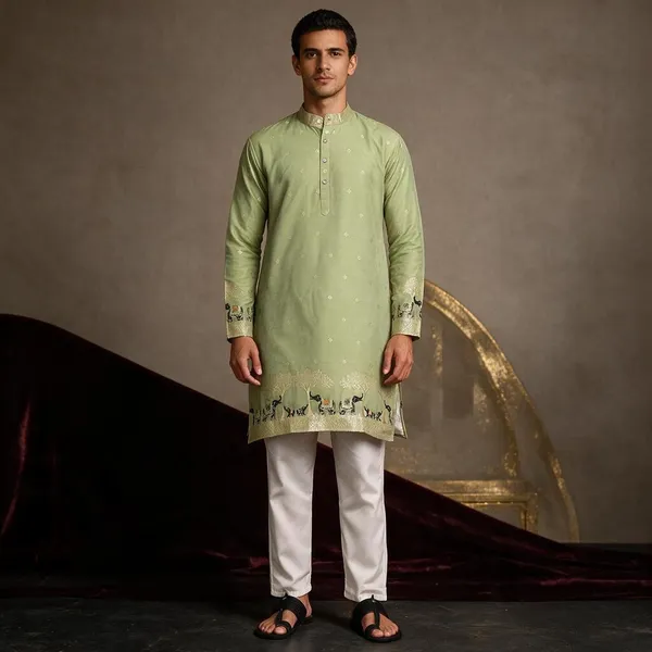 O_Zo_Hathi_Designer_Jacquard_Kurta_Mehndi