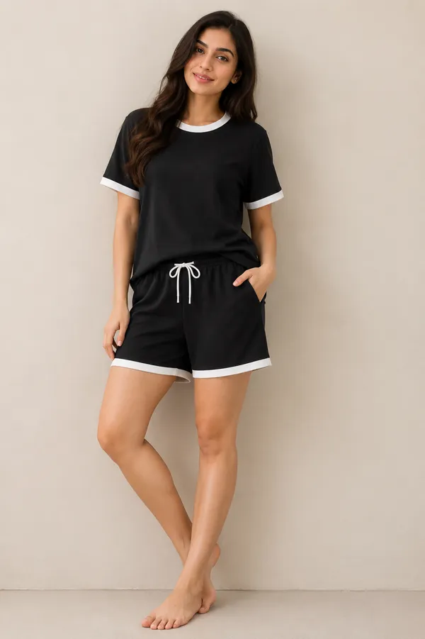 Black_Lycra_Relaxed_Contrast_Trim_T-Shirt_Shorts_Set_For_Women