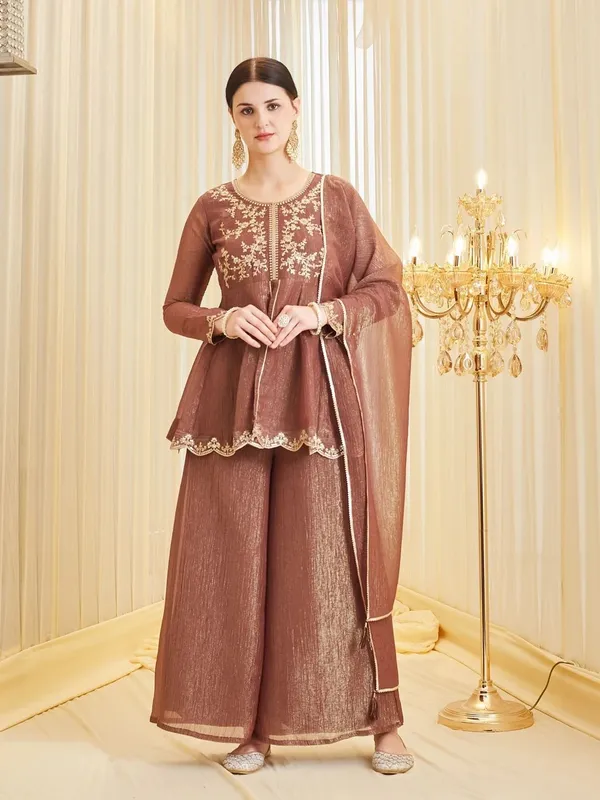 Brown_Ancysilk_Flared_Embroidered_Kurta_Set_For_Women