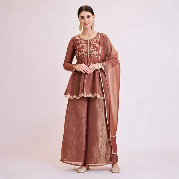 Brown_Ancysilk_Flared_Embroidered_Kurta_Set_For_Women