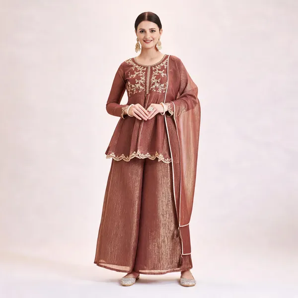 Brown_Ancysilk_Flared_Embroidered_Kurta_Set_For_Women