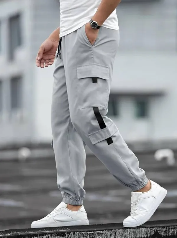 Light_Grey_Lycra_Tapered_Cargo_Pants_For_Men