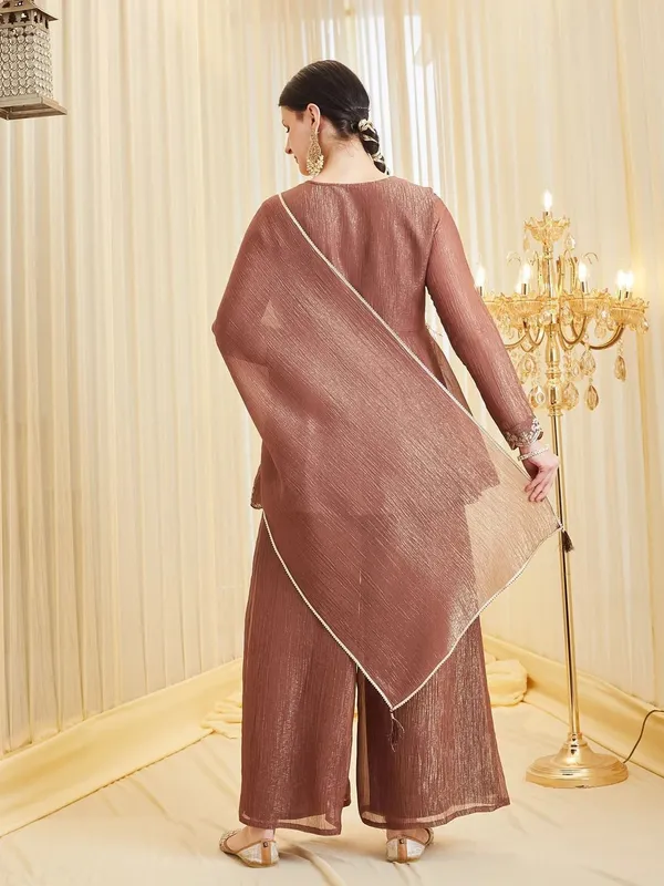 Brown_Ancysilk_Flared_Embroidered_Kurta_Set_For_Women