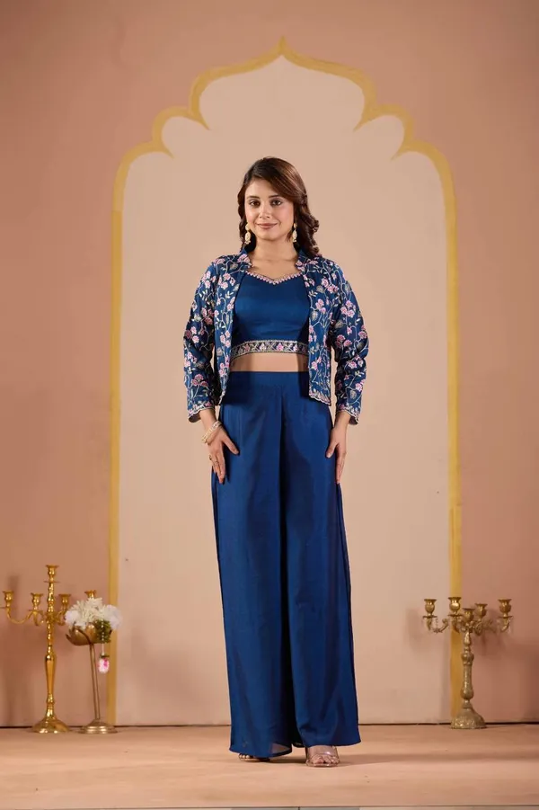 Navy_Vichitra_Silk_Floral_Printed_Shrug_Co-Ord_Set_For_Women
