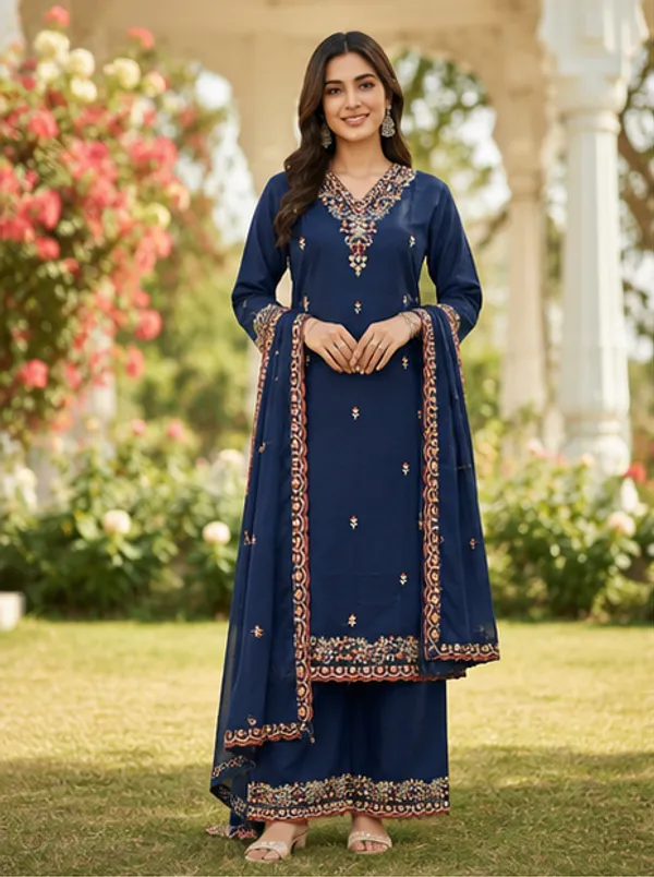 Navy_Blue_Chanderi_Silk_Straight_Embroidered_Ethnic_Suit_Set_For_Women