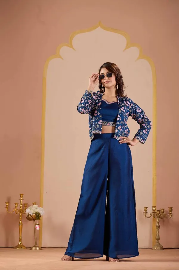 Navy_Vichitra_Silk_Floral_Printed_Shrug_Co-Ord_Set_For_Women