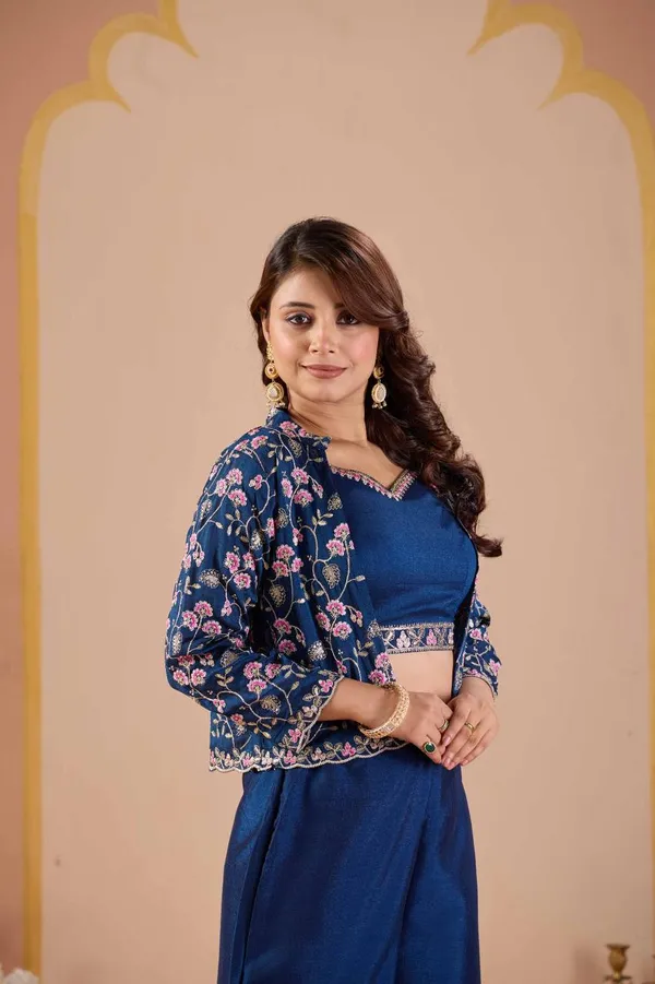 Navy_Vichitra_Silk_Floral_Printed_Shrug_Co-Ord_Set_For_Women